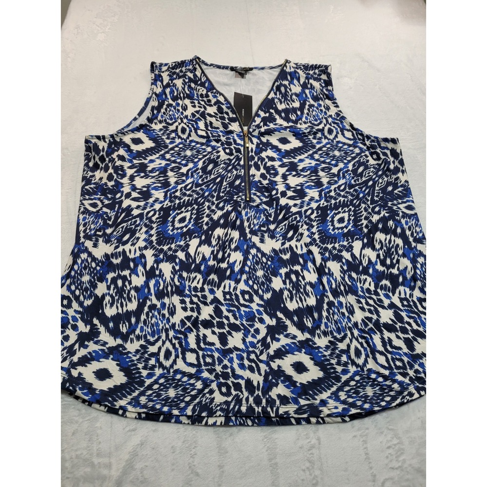 NWT Robert Louis Sleeveless Top Womens 3X Blue White Quarter Zip Ikat Abstract
